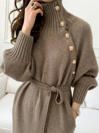 Vintage Turtleneck Buttons Long Dress