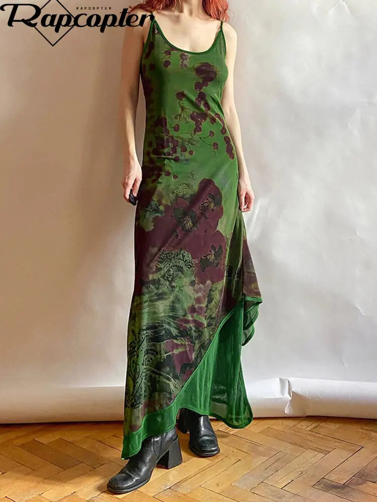 Rapcopter Print Pathwork Green Long Dress