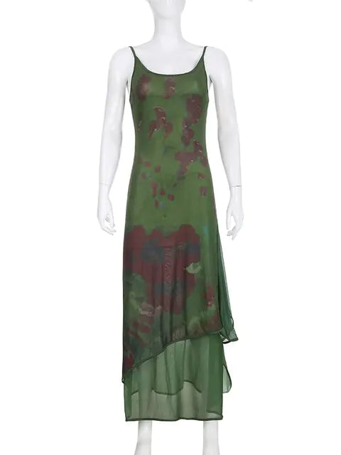 Rapcopter Print Pathwork Green Long Dress