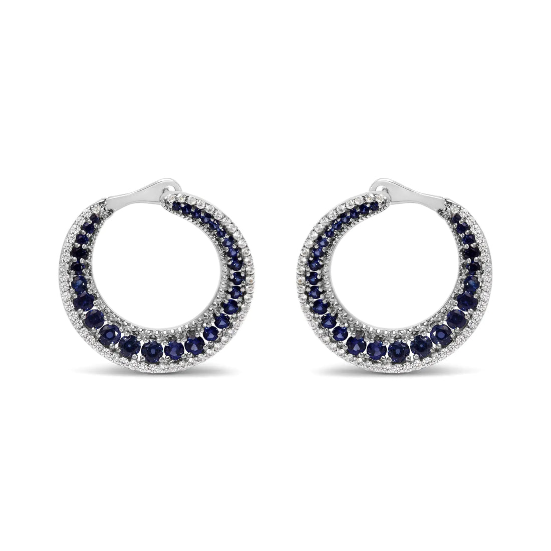 .925 Sterling Silver 2 3/4 Cttw Created Blue Sapphire Crescent Moon Disc Style Hoop Earrings - AAA Quality