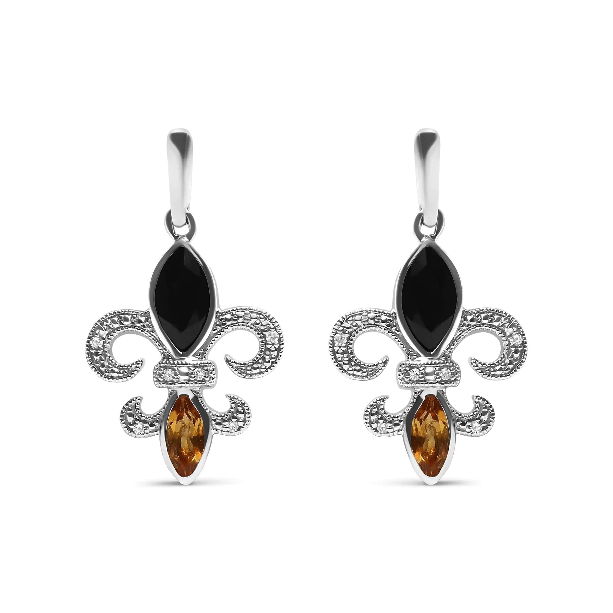 .925 Sterling Silver Marquise Cut Onyx and Citrine with Diamond Accent Fleur De Lis Drop Stud Earrings (H-I Color, SI1-SI2 Clarity)