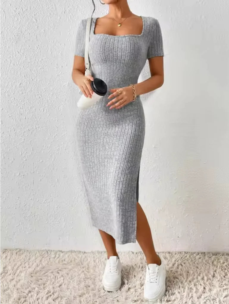 Summer Knit Midi Dress with Square Neck and Slit