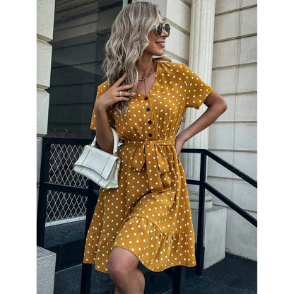 European And American Summer V Neck Short Sleeved Ruffled Polka Dot Dress