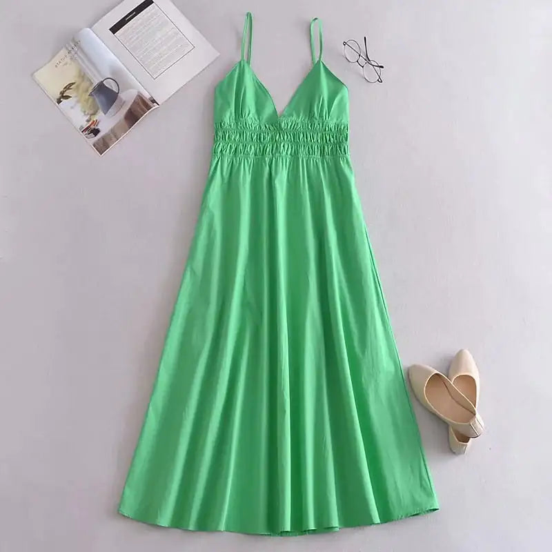 Green Cotton V Neck Summer Women&