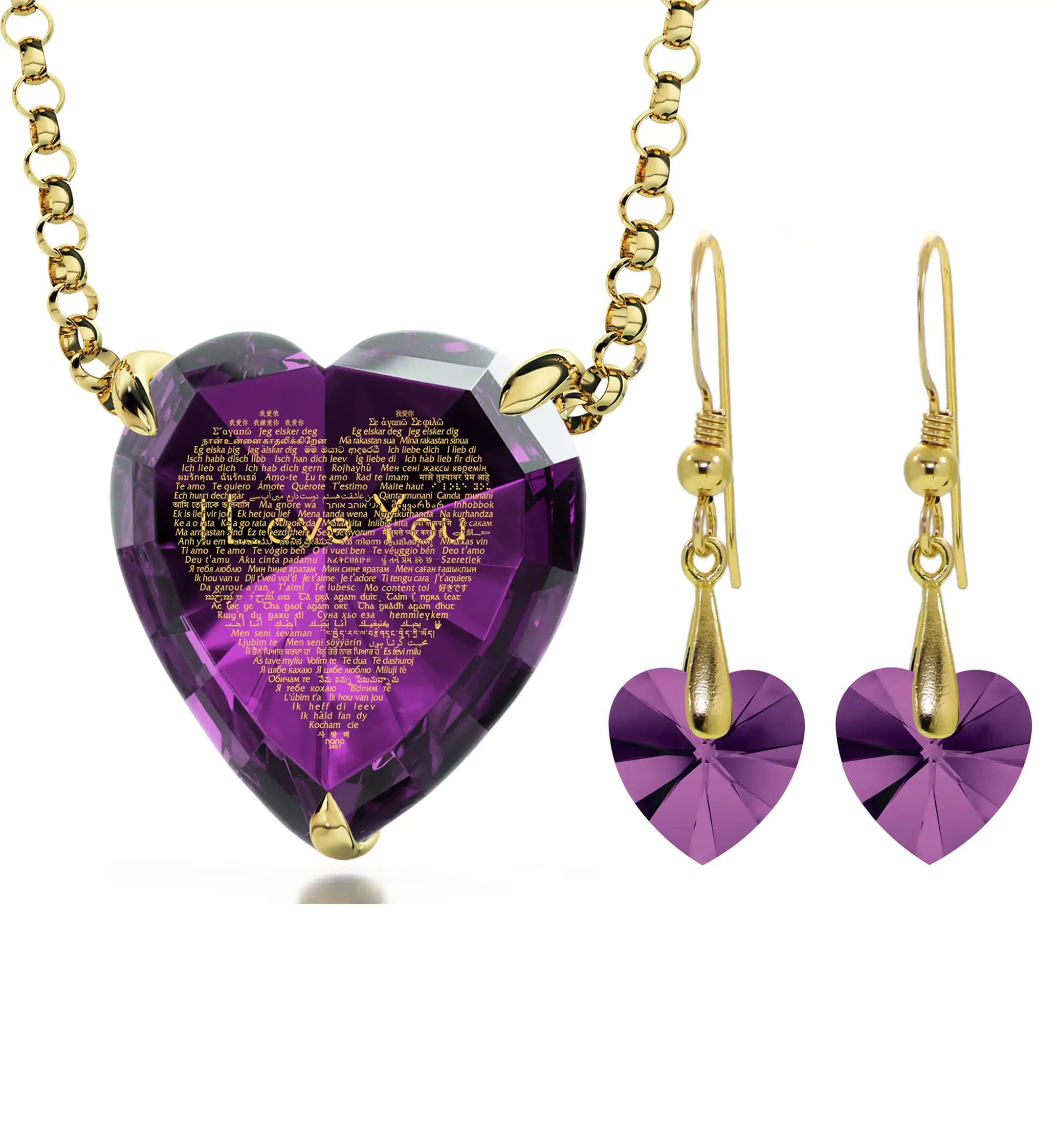 Gold Plated Silver Heart Jewelry Set 120 Languages I Love You Necklace and Crystal Earrings