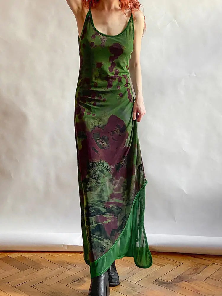 Rapcopter Print Pathwork Green Long Dress