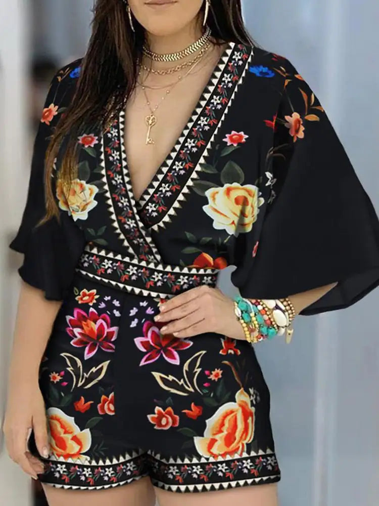 Deep V Neck Floral Romper