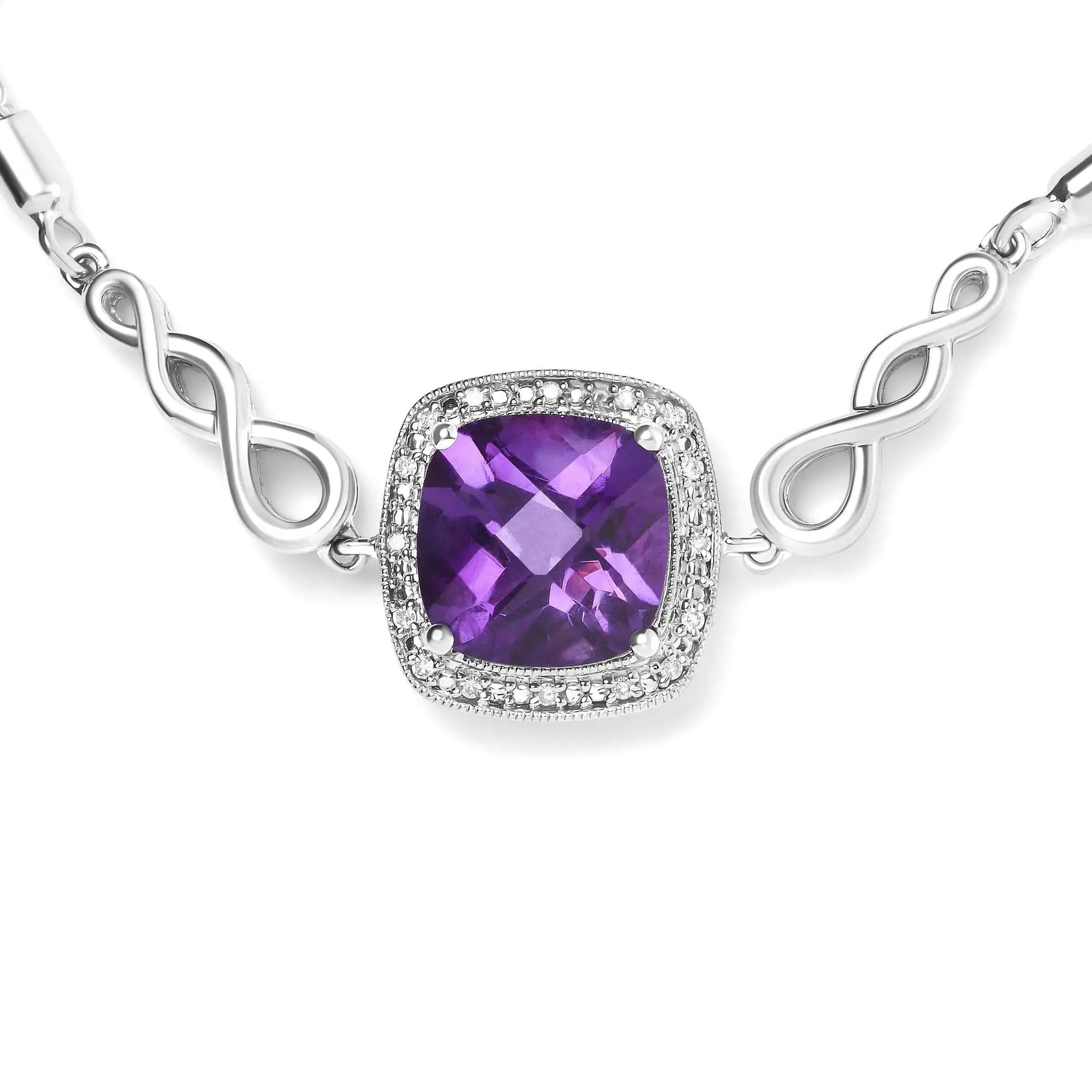 .925 Sterling Silver 10mm Cushion Cut Amethyst Gemstone and Diamond Accent Lariat 4”-10” Adjustable Bolo Bracelet (H-I Color, SI1-SI2 Clarity)