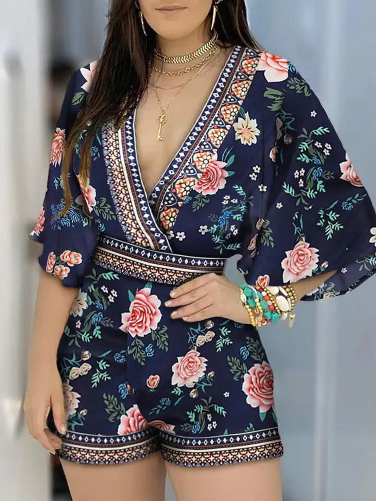 Deep V Neck Floral Romper