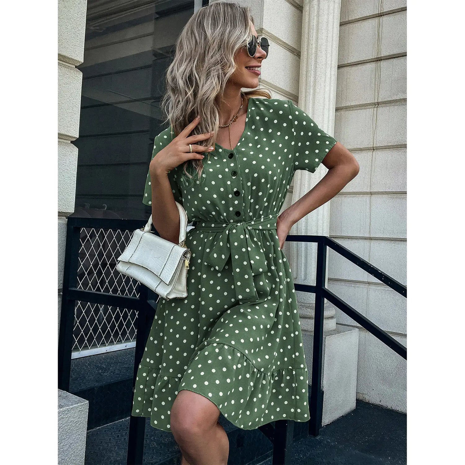 European And American Summer V Neck Short Sleeved Ruffled Polka Dot Dress